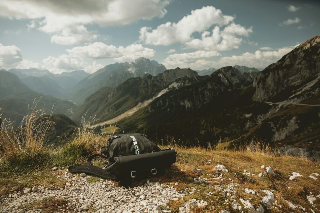 a luggage on a rocky hill